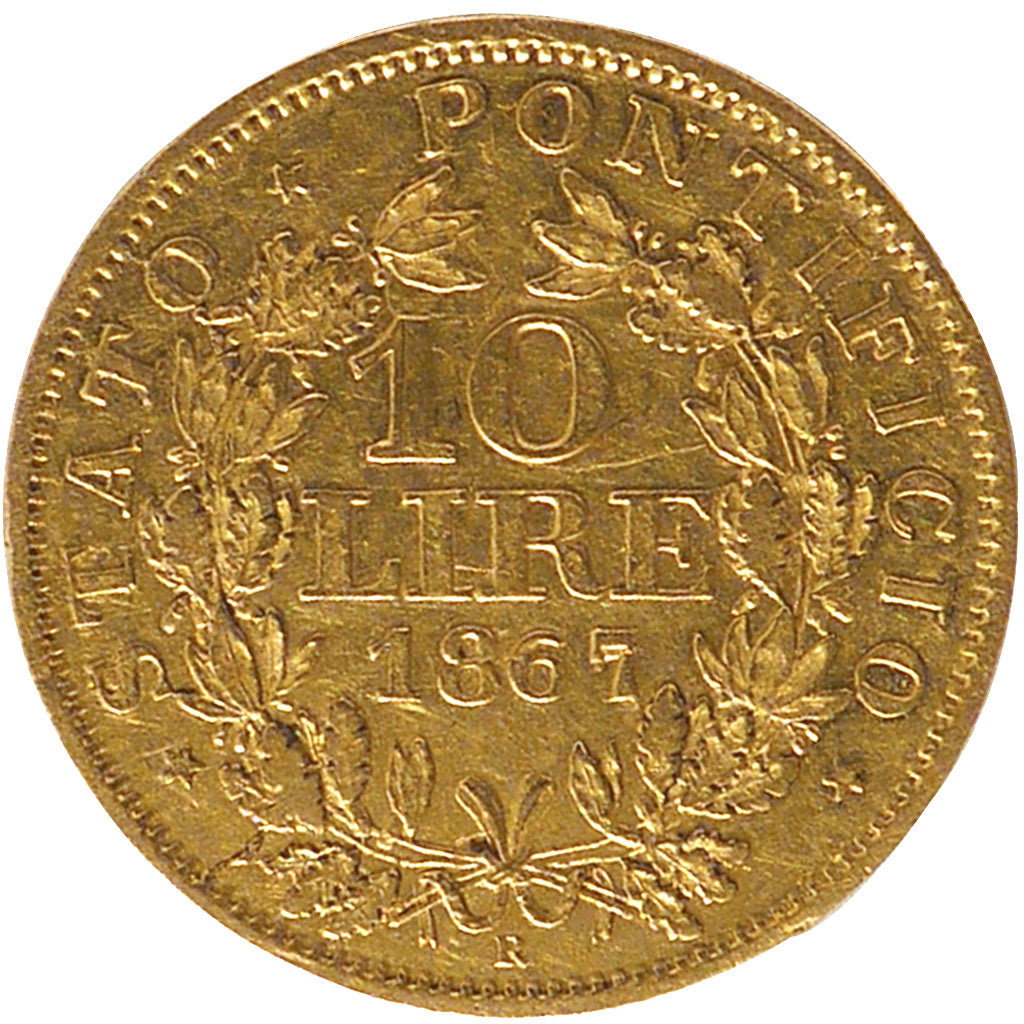 ITALIAN STATES, 10 Lire, 1867, Roma, KM #1381.2, EF(40-45), Gold, 3.18