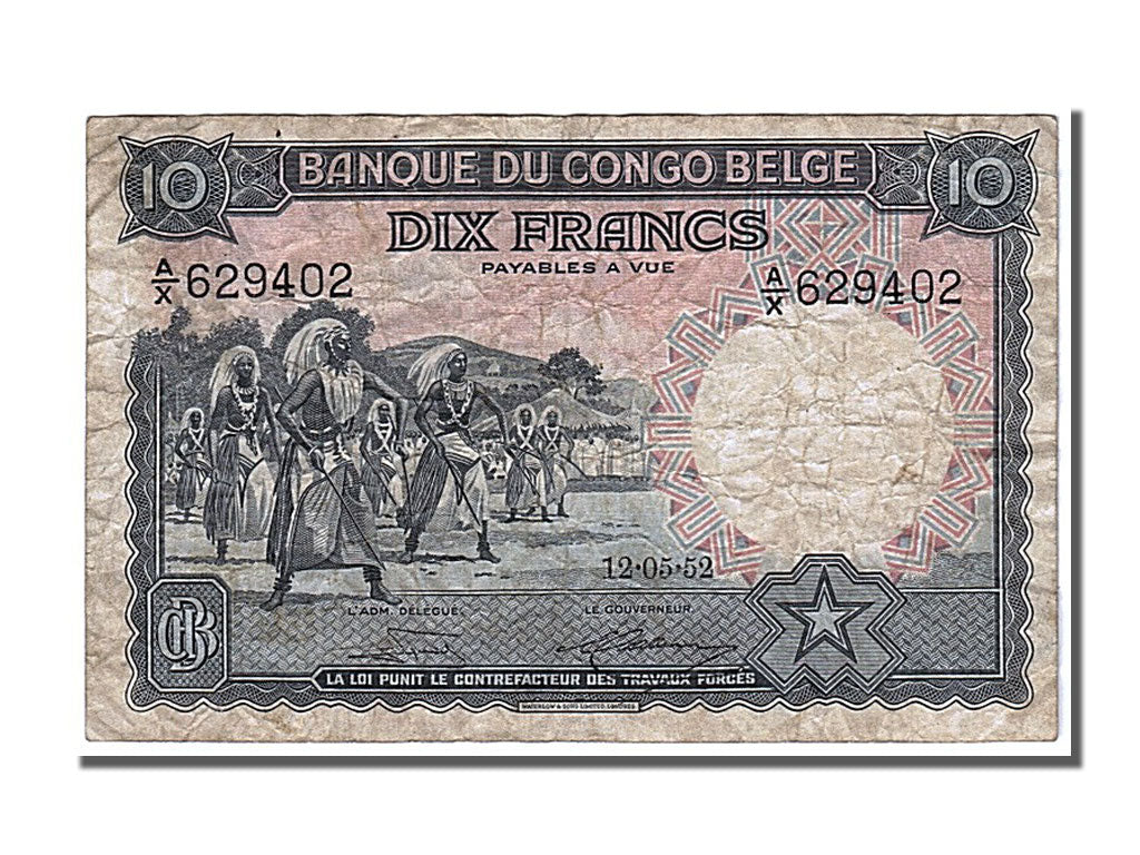 Belgian Congo, 10 Francs, 1952, KM #14E, 1952-05-12, EF(40-45), AX