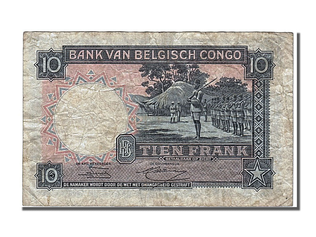 Belgian Congo, 10 Francs, 1952, KM #14E, 1952-05-12, EF(40-45), AX