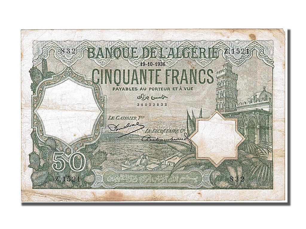 Algeria, 50 Francs, 1936, KM #80a, 1936-10-19, EF(40-45), Z