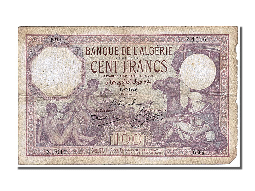 Algeria, 100 Francs, 1929, KM #81b, 1929-07-19, VF(20-25), Z