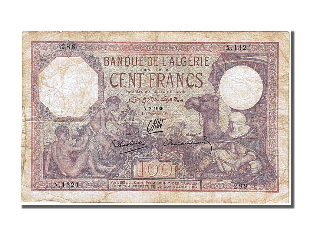 Algeria, 100 Francs, 1936, KM #81b, 1936-02-07, VF(30-35), X