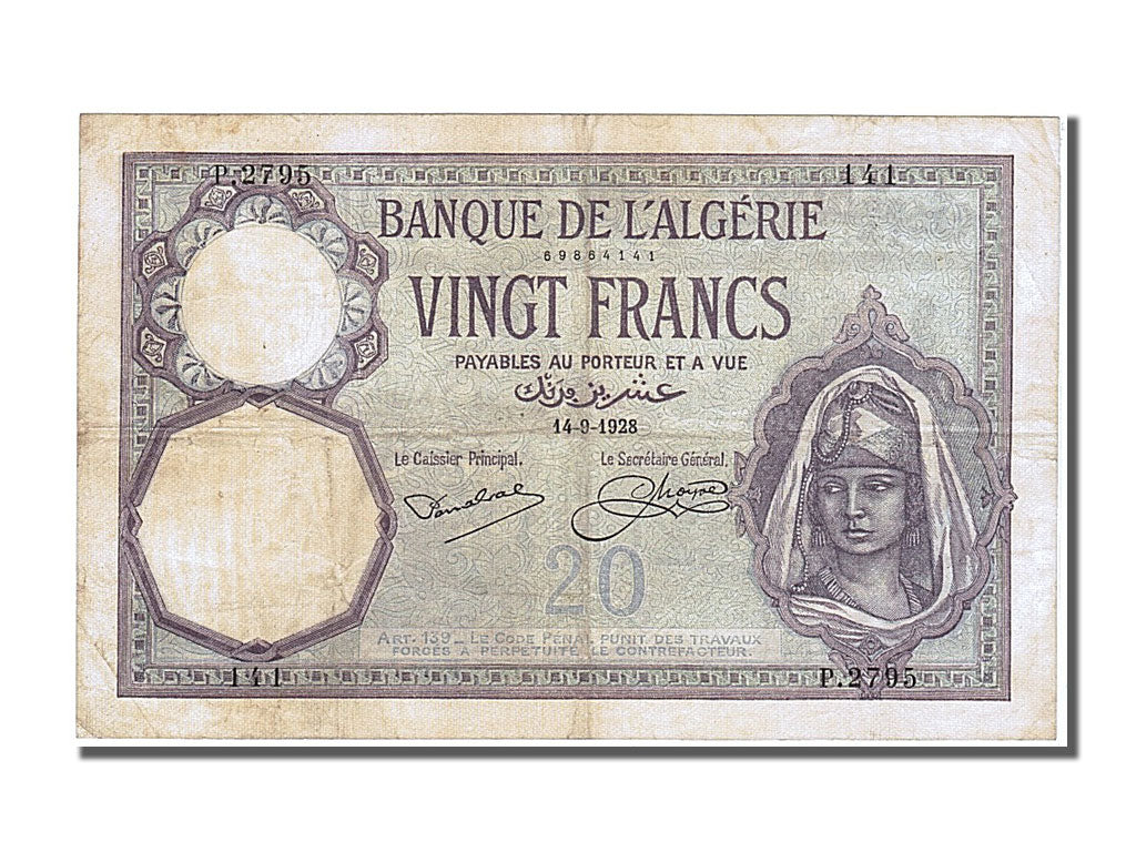 Algeria, 20 Francs, 1928, KM #78b, 1928-09-14, AU(55-58), P