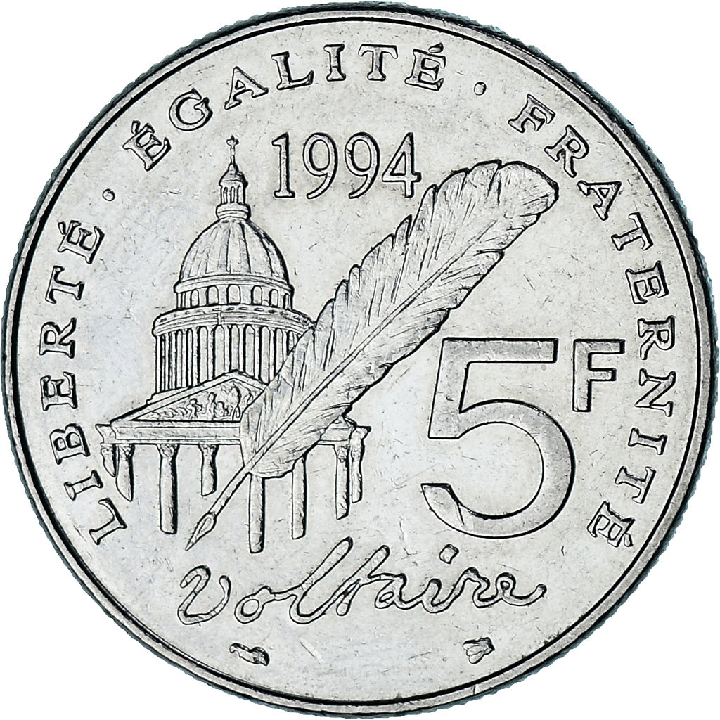 Francja, 5 Francs, Voltaire, 1994, Paris, Nikiel, AU(50-53), Gadoury:775