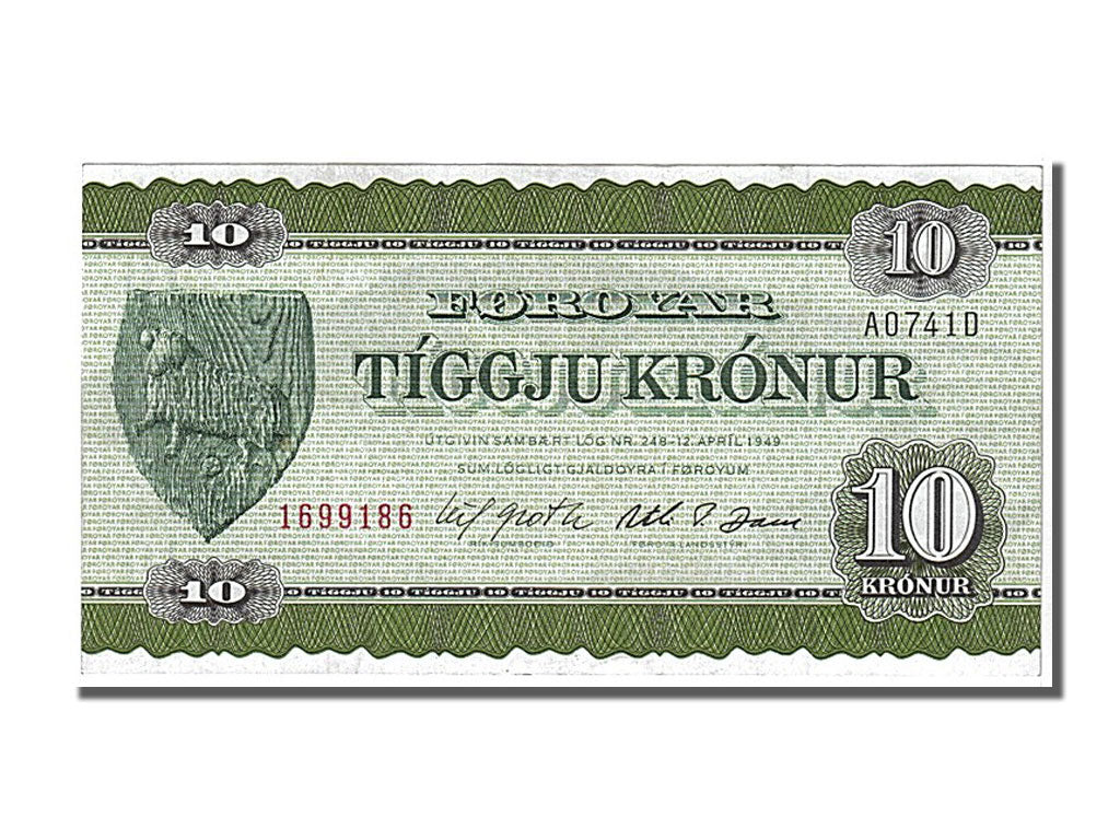 Faroe Islands, 10 Kronur, 1949, UNC(63), A