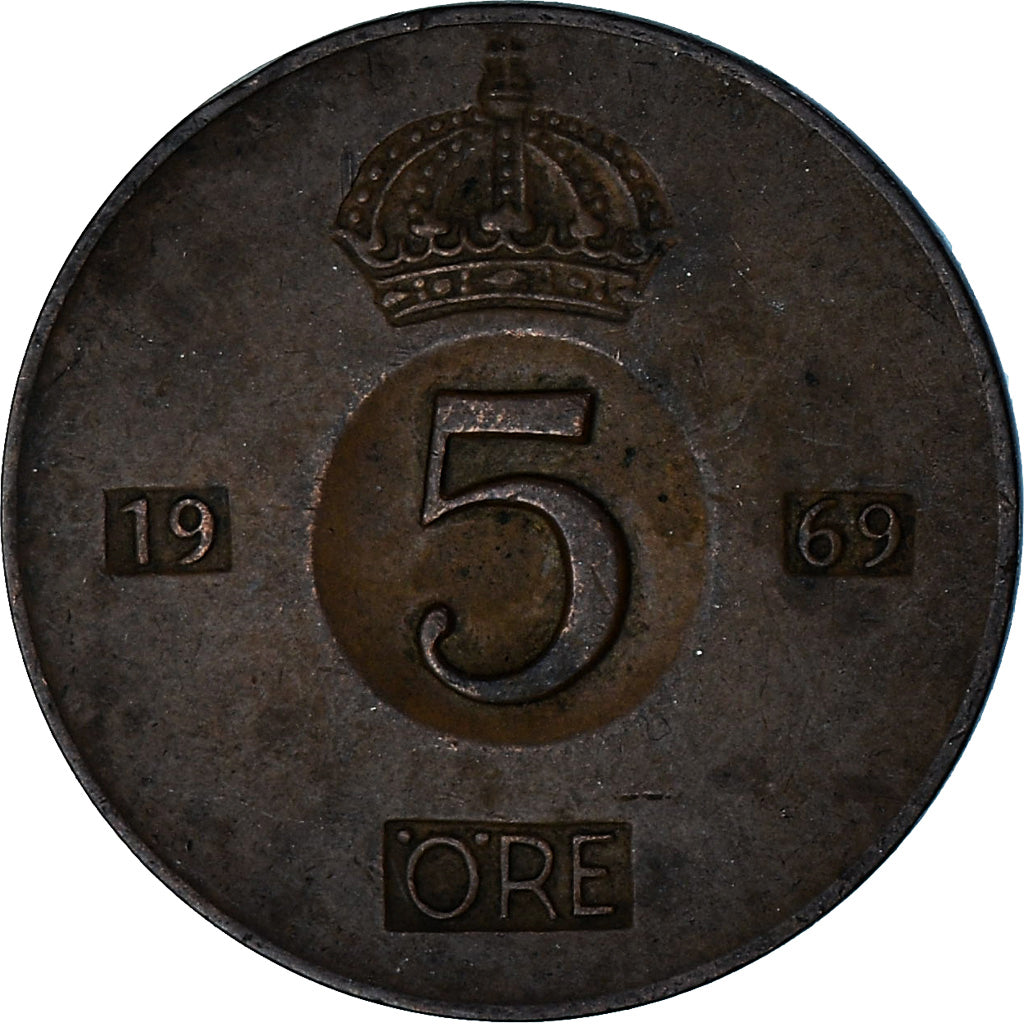 Szwecja, Gustaf VI, 5 Öre, 1969, Brązowy, EF(40-45), KM:822