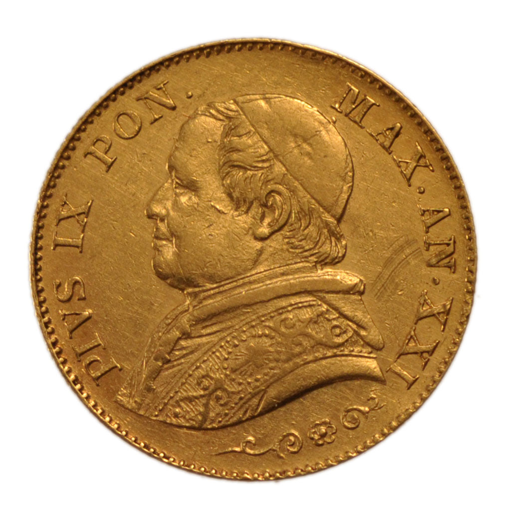 ITALIAN STATES, 20 Lire, 1866, Roma, KM #1382.2, AU(50-53), Gold, 6.45