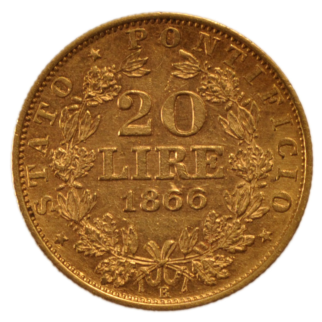 ITALIAN STATES, 20 Lire, 1866, Roma, KM #1382.2, AU(50-53), Gold, 6.45