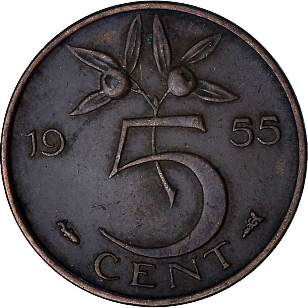 Países Baixos, Juliana, 5 Cents, 1955, Bronze, AU(50-53), KM:181