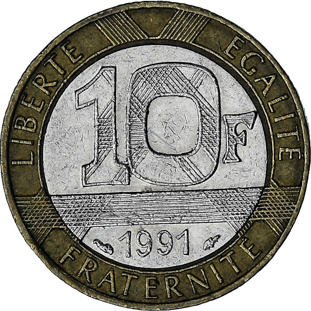 France, 10 Francs, Génie, 1991, Bi-Metallic, EF(40-45), Gadoury:827, KM:964.1