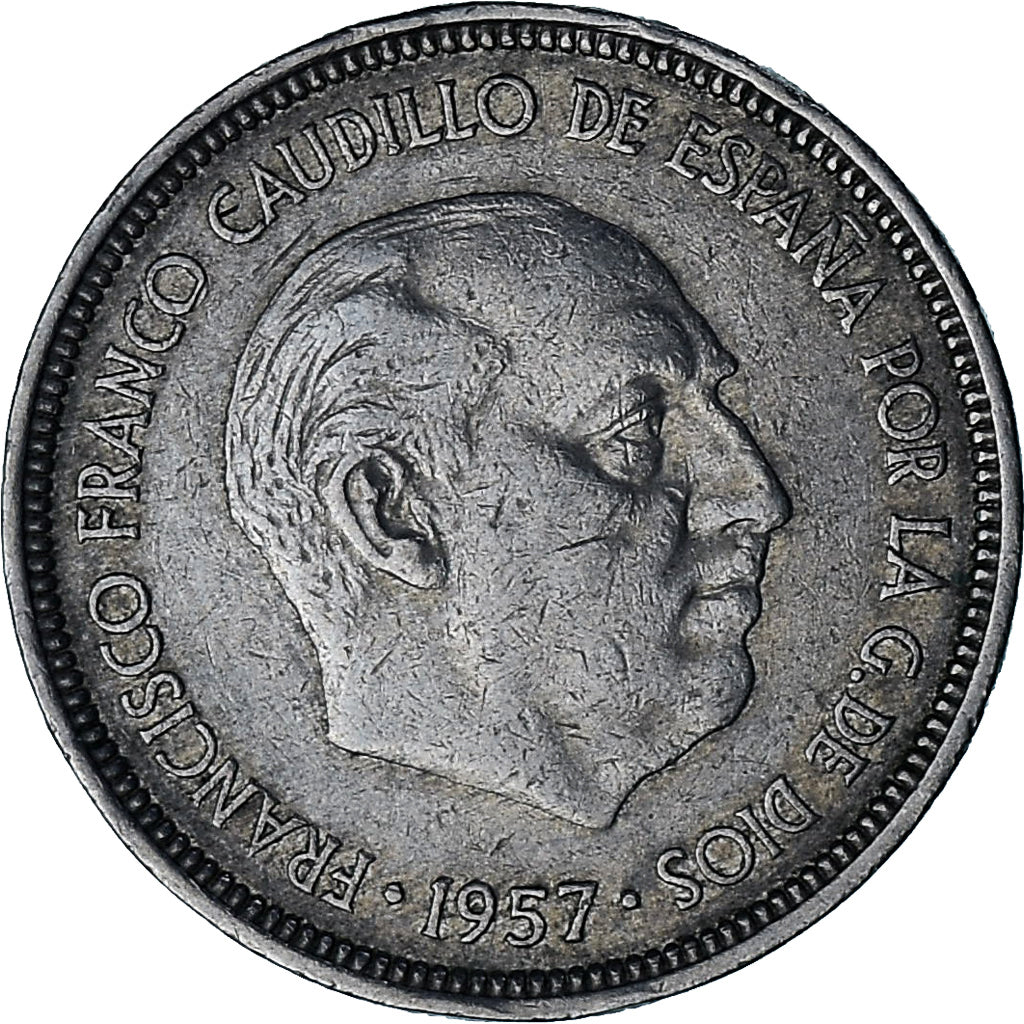 Espanha, Caudillo and regent, 5 Pesetas, 1957 (74), Cobre-níquel, EF(40-45)