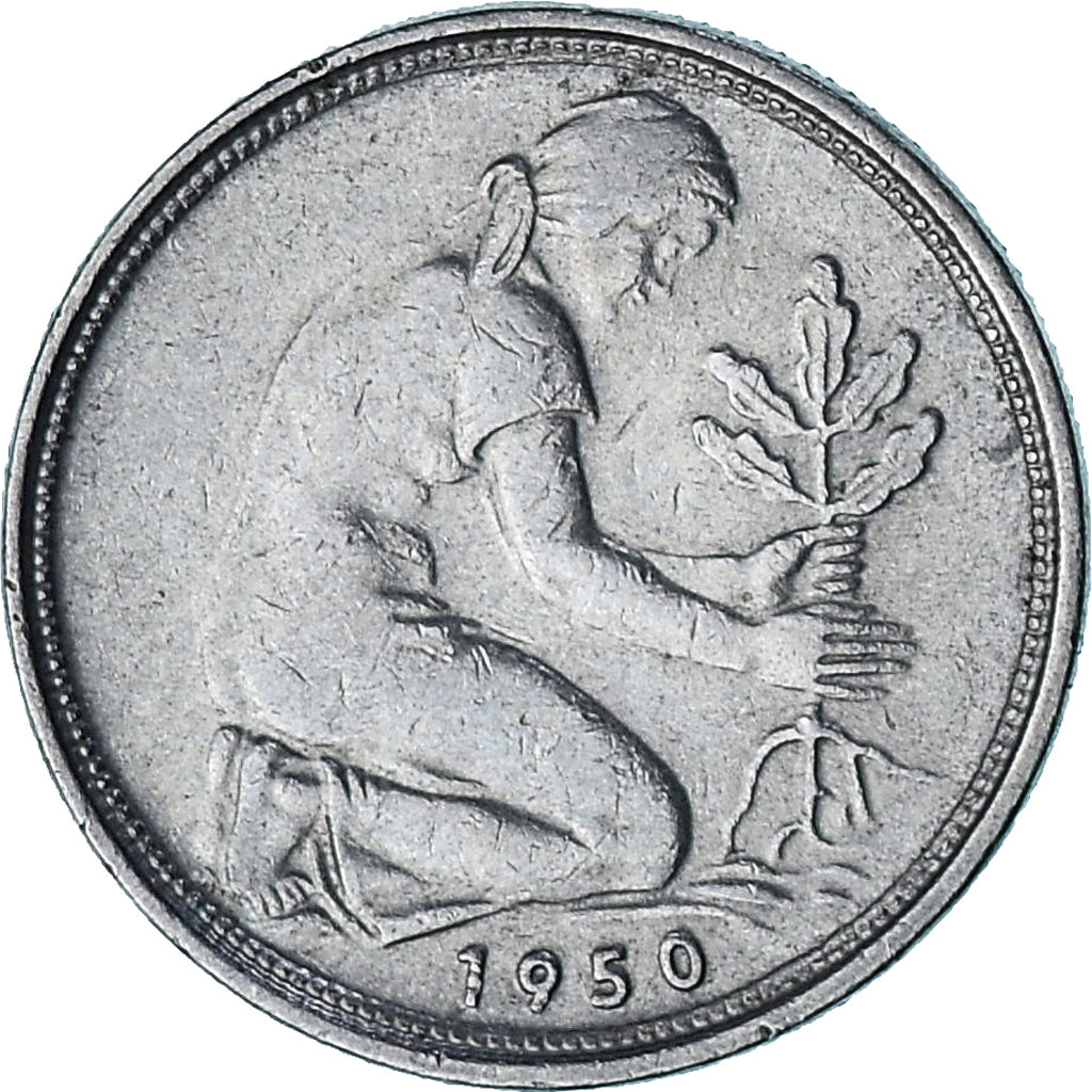 GERMANY - FEDERAL REPUBLIC, 50 Pfennig, 1950, Copper-nickel, EF(40-45), KM:104