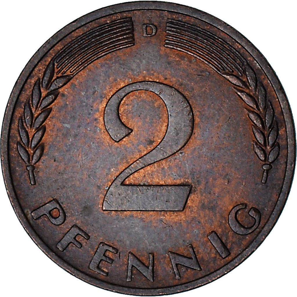 Bundesrepublik Deutschland, 2 Pfennig, 1968, Munich, Bronze, SS, KM:106