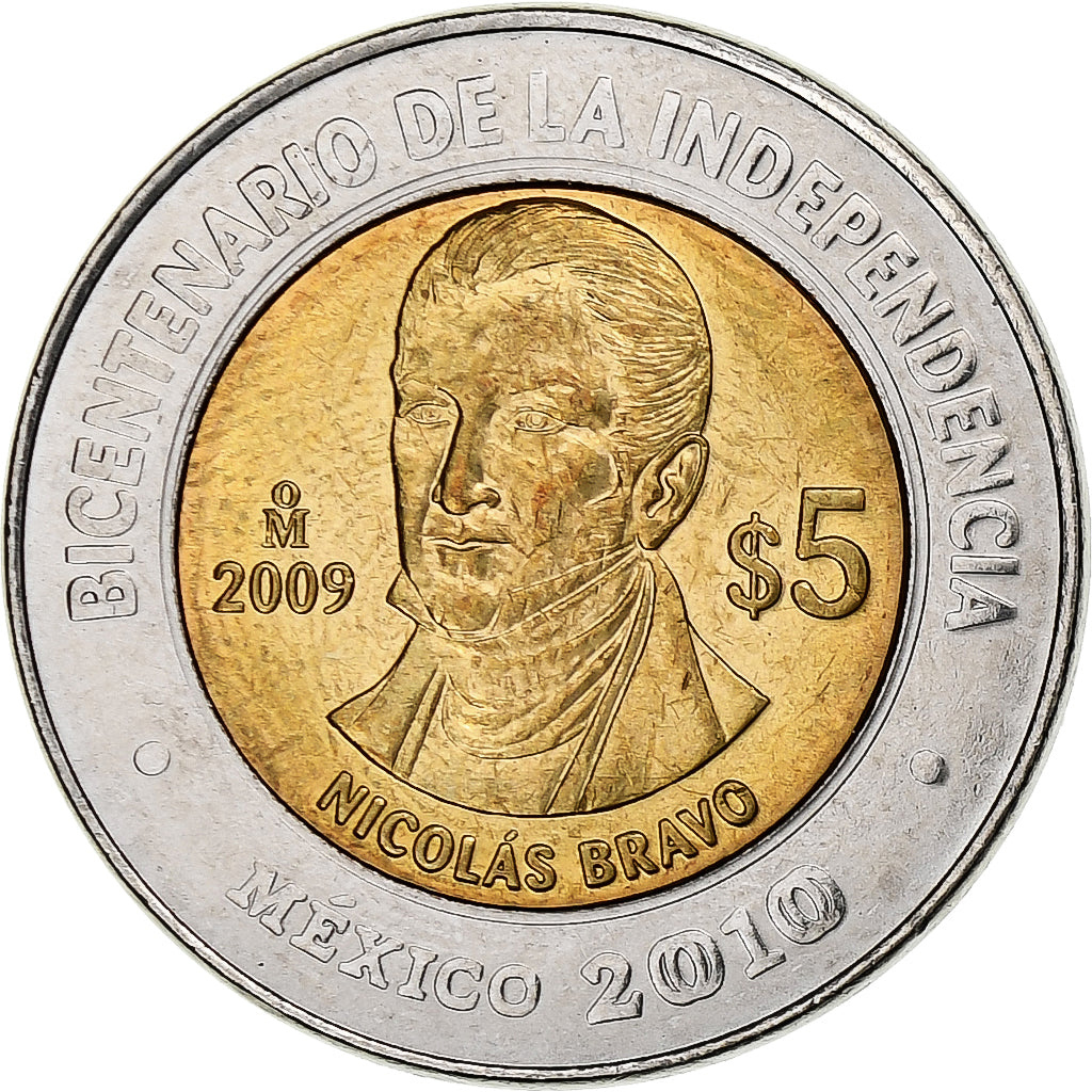 Messico, 5 Pesos, Bicentenaire de l'indépendance de Mexico, 2009, Mexico City