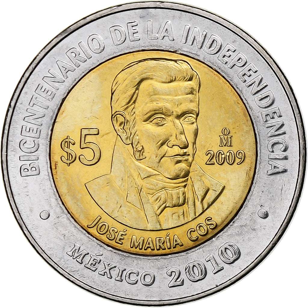 México, 5 Pesos, Jose Maria Cos, 2009, Mexico City, Bimetálico, SC, KM:908