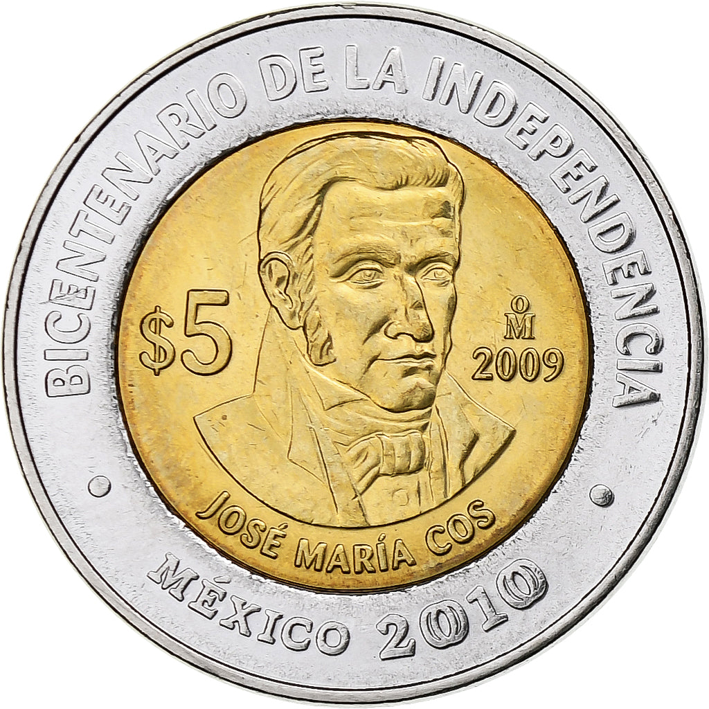 México, 5 Pesos, Jose Maria Cos, 2009, Mexico City, Bimetálico, SC, KM:908