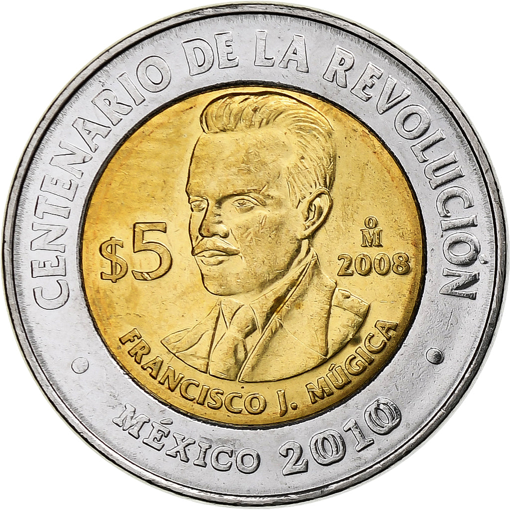 México, 5 Pesos, Francisco J. Mugica, 2008, Mexico City, Bimetálico, SC