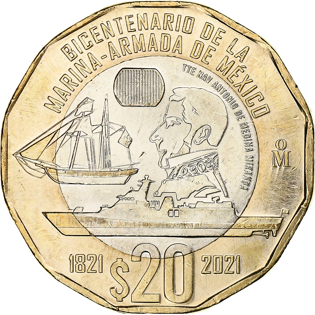 Mexico, 20 Pesos, Bicentenary of the navy, 2021, Bi-Metallic, MS(63)