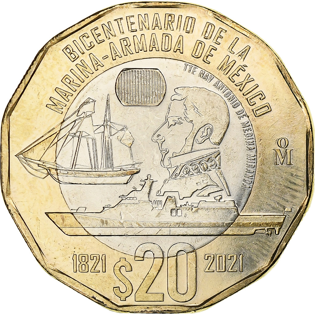 Messico, 20 Pesos, Bicentenary of the navy, 2021, Bi-metallico, SPL-