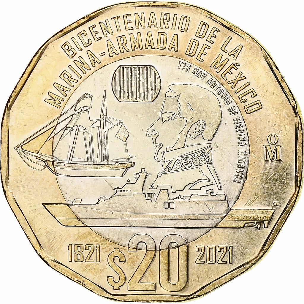 Mexique, 20 Pesos, Bicentenaire de la marine, 2021, Bimétallique, SPL