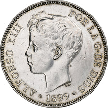Espanha, Alfonso XIII, 5 Pesetas, 1899, Madrid, Prata, AU(55-58), KM:707