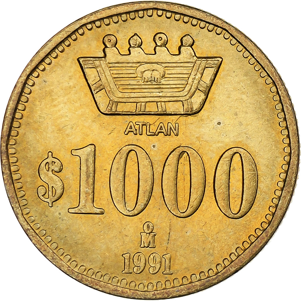 México, 1000 Pesos, 1991, Mexico City, Pattern, Bronce, SC, KM:Pn249