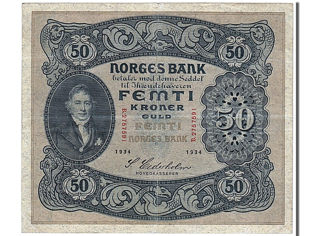 Norway, 50 Kroner, 1934, KM #9c2, EF(40-45), B