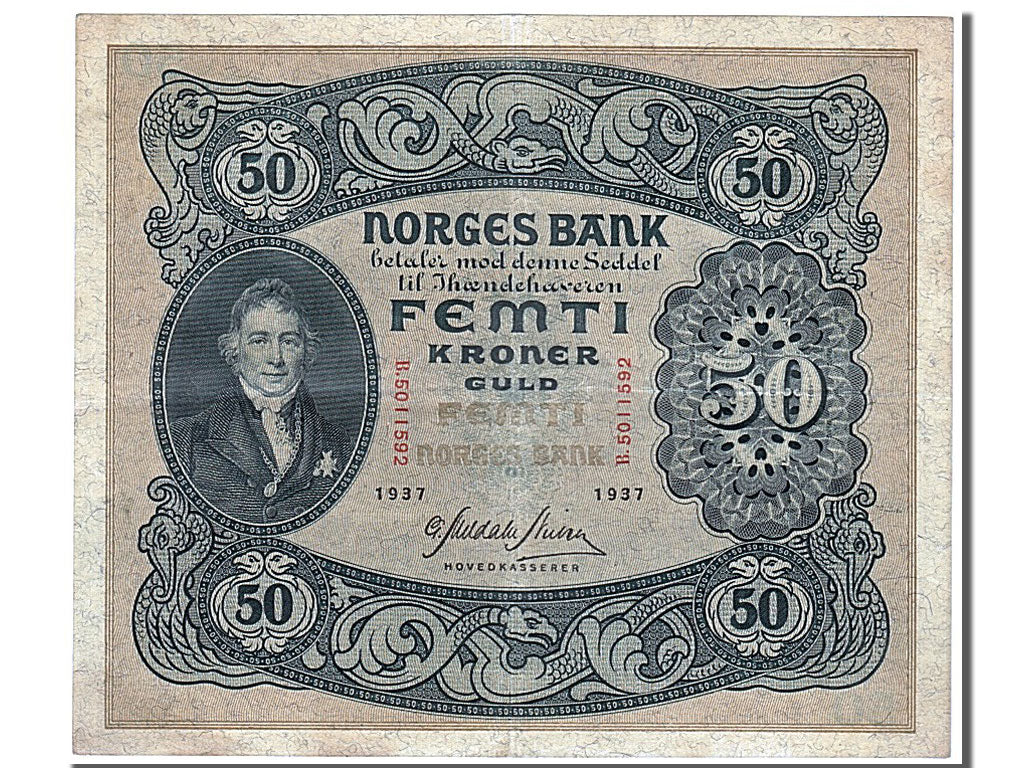 Norway, 50 Kroner, 1937, KM #9d, AU(55-58), B