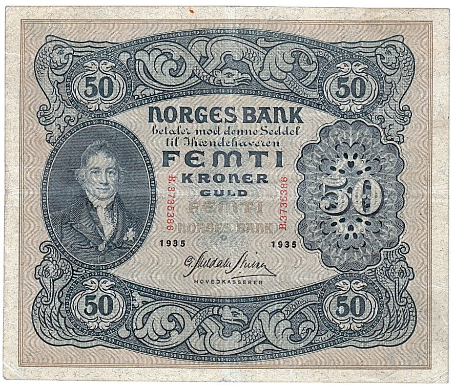 Norway, 50 Kroner, 1935, KM #9d, AU(50-53), B