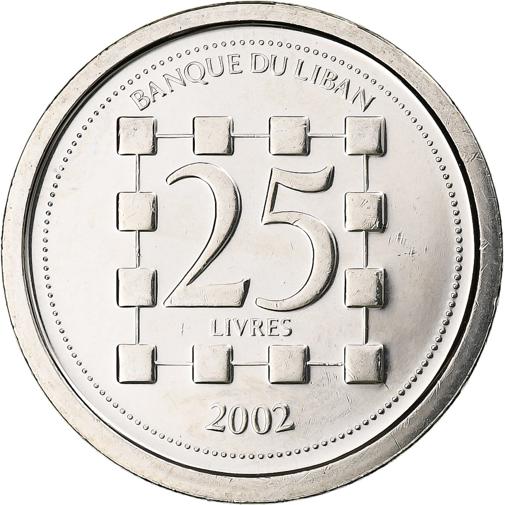 Lebanon, 25 Livres, 2002, Nickel plated steel, MS(63), KM:40