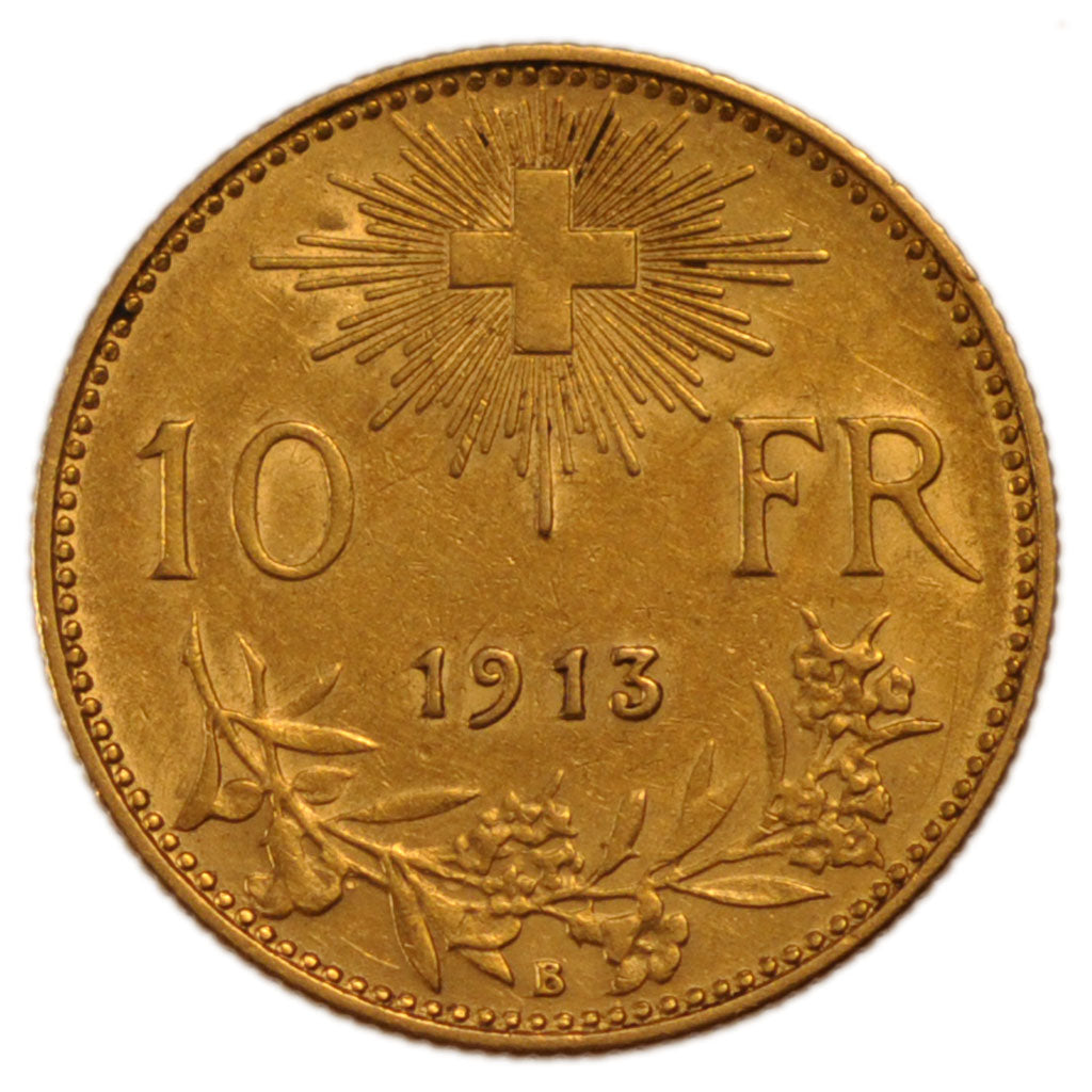 Switzerland, 10 Francs, 1913, Bern, KM #36, AU(50-53), Gold, 3.20