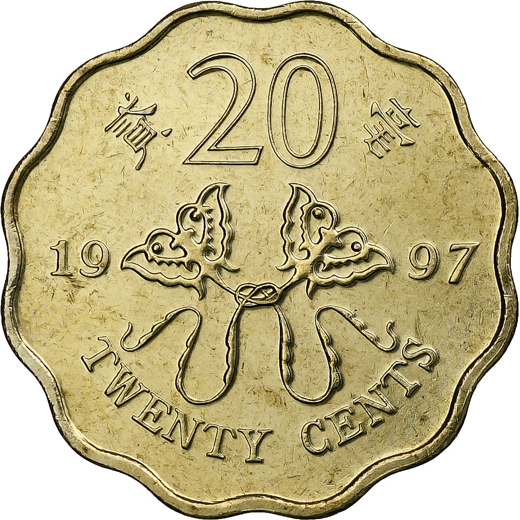 Hong Kong, 20 Cents, 1997, Níquel-Latão, AU(55-58), KM:73
