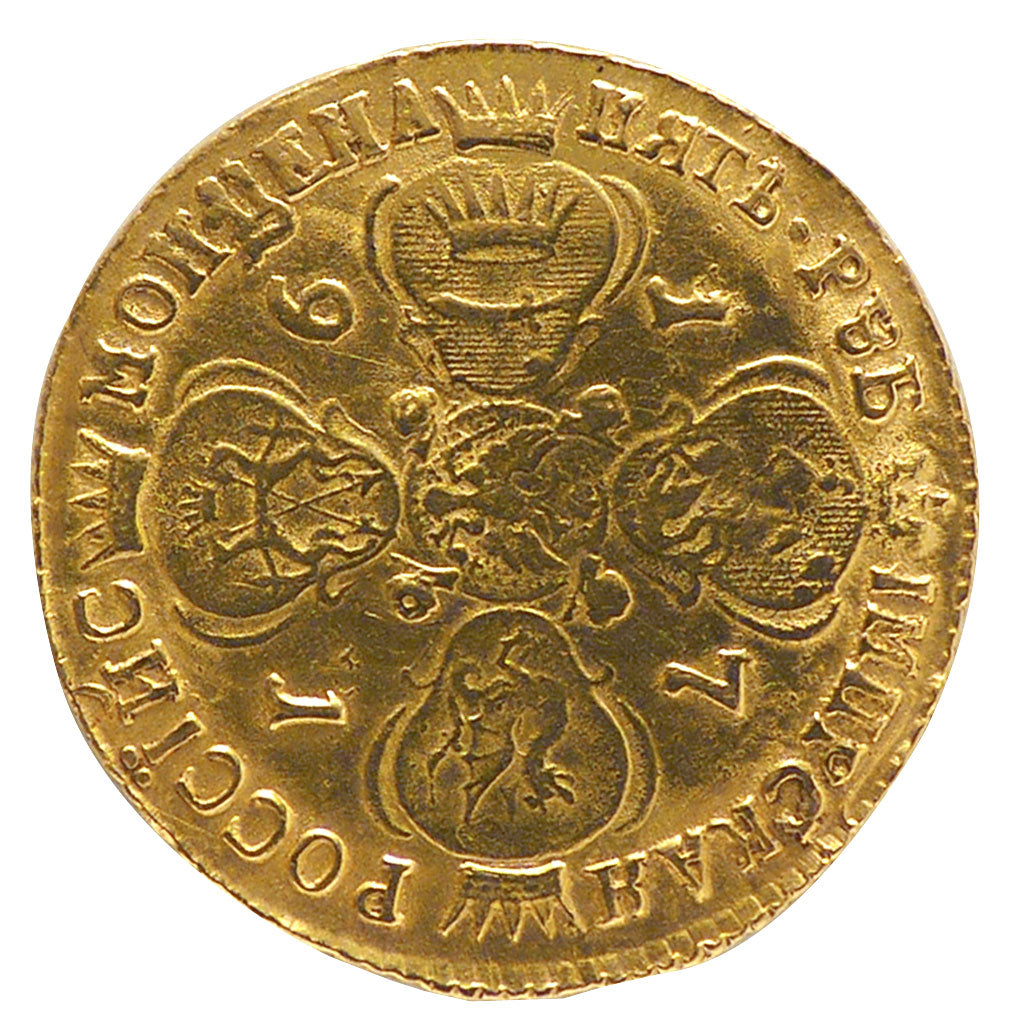 Russia, 5 Roubles, 1791, Saint-Petersburg, VF(20-25), Gold, 6.47