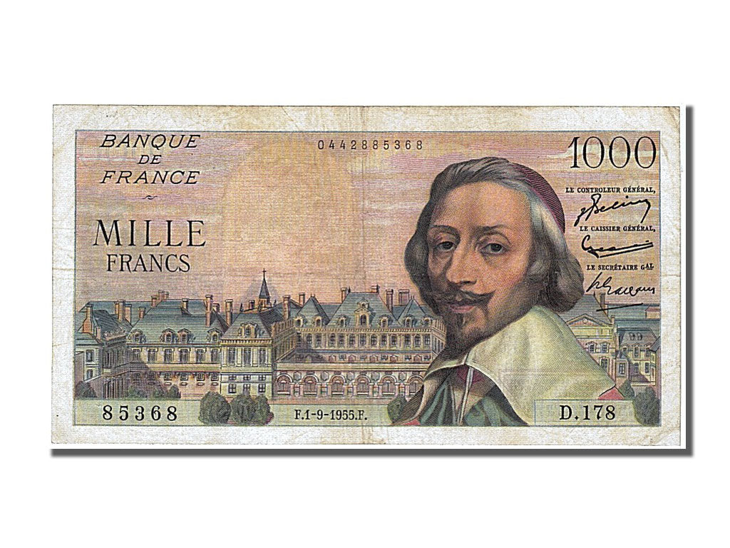 France, 1000 Francs, 1 000 F 1953-1957 ''Richelieu'', 1955, KM #134a,...
