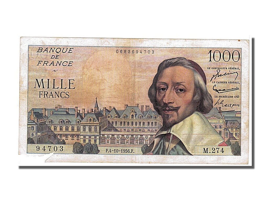 France, 1000 Francs, 1 000 F 1953-1957 ''Richelieu'', 1956, KM #134a,...