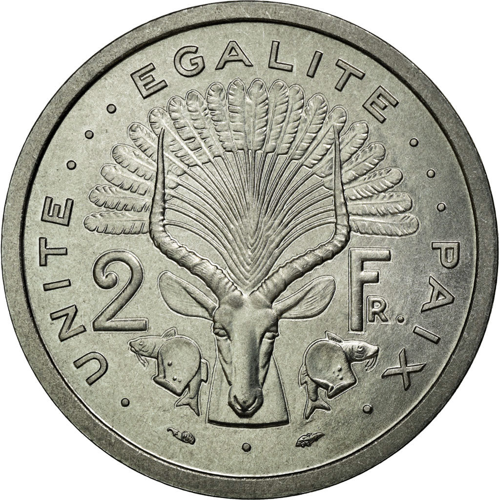 Coin, Djibouti, 2 Francs, 1977, MS(65-70), Aluminium, KM:E2
