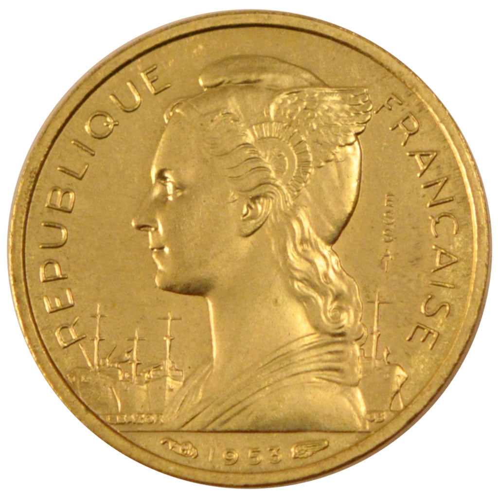 MADAGASCAR, 10 Francs, 1953, Paris, KM #E4, MS(65-70), Aluminum-Bronze,...