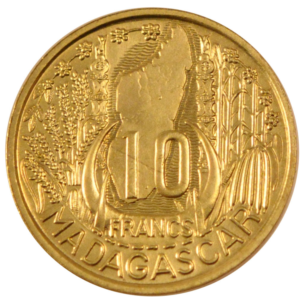 MADAGASCAR, 10 Francs, 1953, Paris, KM #E4, MS(65-70), Aluminum-Bronze,...