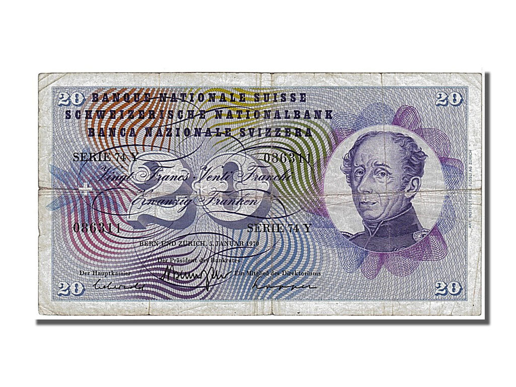Switzerland, 20 Franken, 1970, KM #46r, 1970-01-05, VF(30-35), 74Y