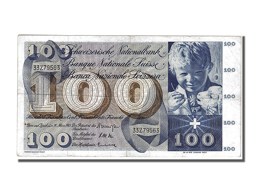 Switzerland, 100 Franken, 1963, KM #49e, 1963-03-28, AU(50-53), 33Z