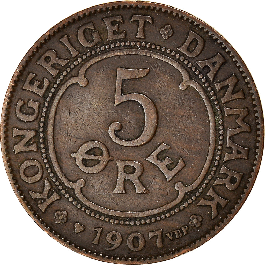 Moneta, Danimarca, Frederik VIII, 5 Öre, 1907, Copenhagen, BB, Bronzo, KM:806