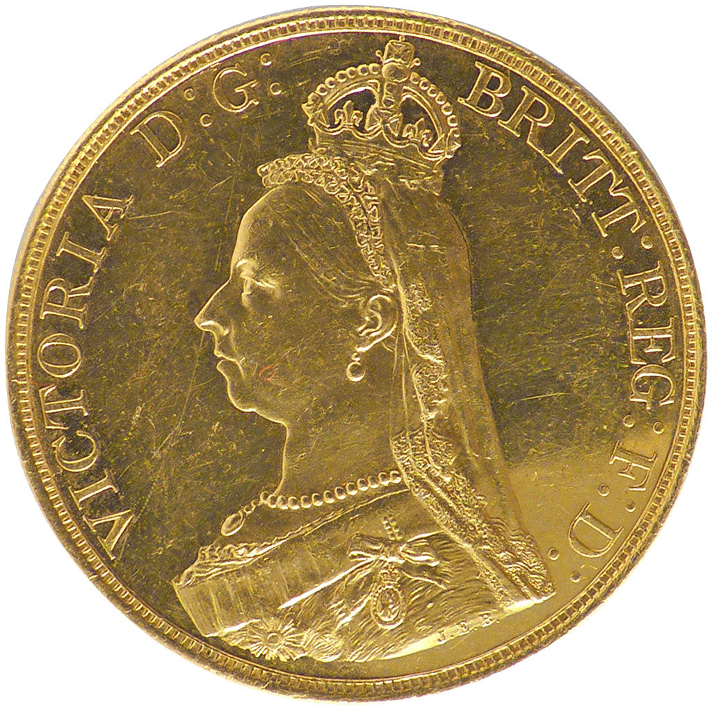 Great Britain, 5 Pounds, 1887, London, KM #769, AU(55-58), Gold, 40.07