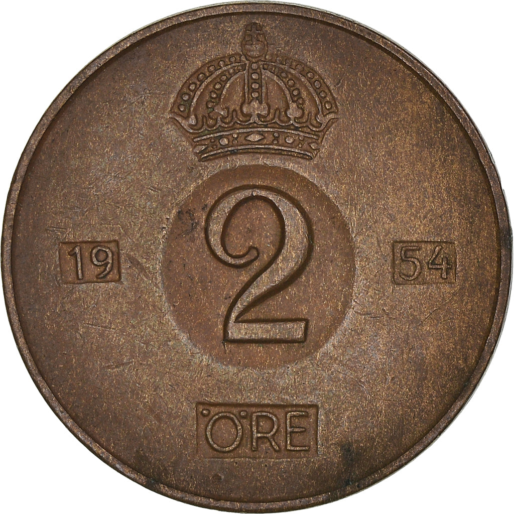 Coin, Sweden, Gustaf VI, 2 Öre, 1954, VF(30-35), Bronze, KM:821