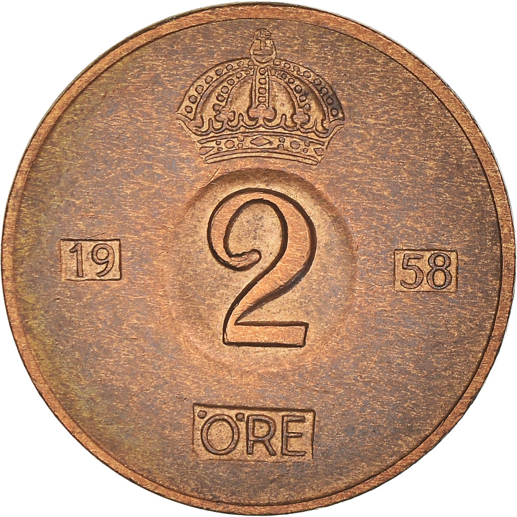 Moneda, Suecia, Gustaf VI, 2 Öre, 1958, MBC+, Bronce, KM:821