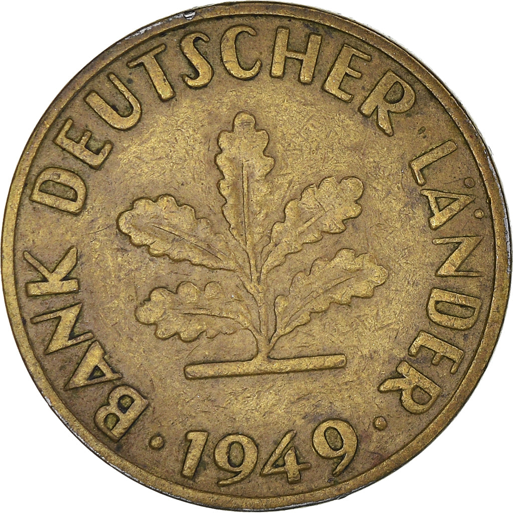 Munten, Federale Duitse Republiek, 10 Pfennig, 1949, Karlsruhe, FR+, Brass Clad