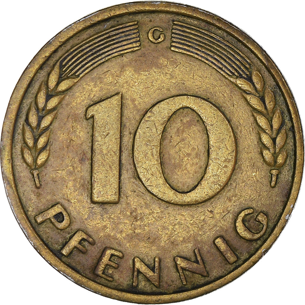 Munten, Federale Duitse Republiek, 10 Pfennig, 1949, Karlsruhe, FR+, Brass Clad