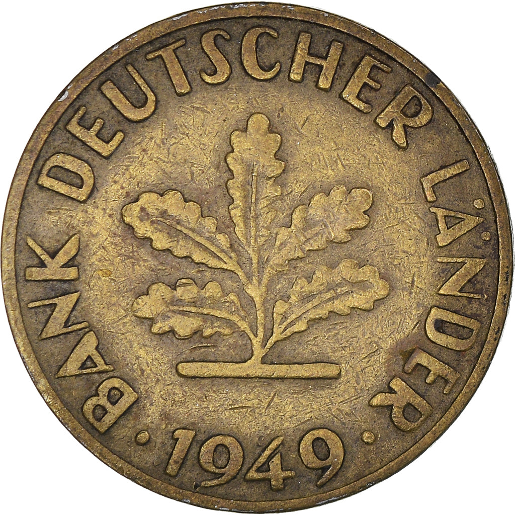 Munten, Federale Duitse Republiek, 10 Pfennig, 1949, Karlsruhe, FR+, Brass Clad