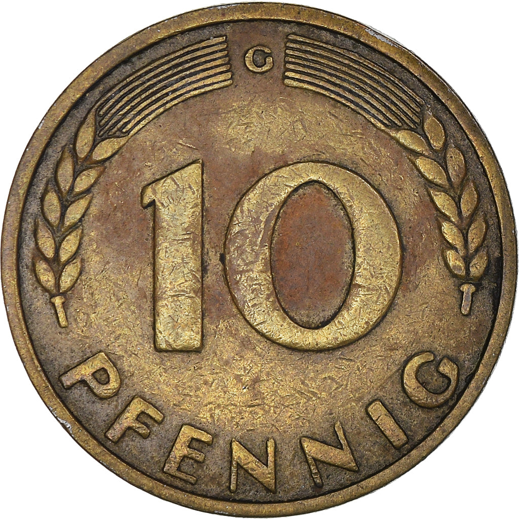 Munten, Federale Duitse Republiek, 10 Pfennig, 1949, Karlsruhe, FR+, Brass Clad