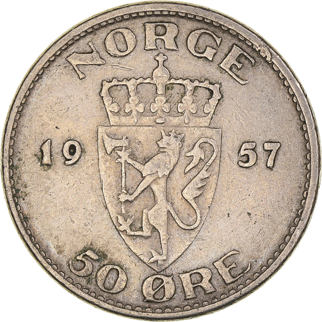 Moneda, Noruega, Haakon VII, 50 Öre, 1957, MBC, Cobre - níquel, KM:402