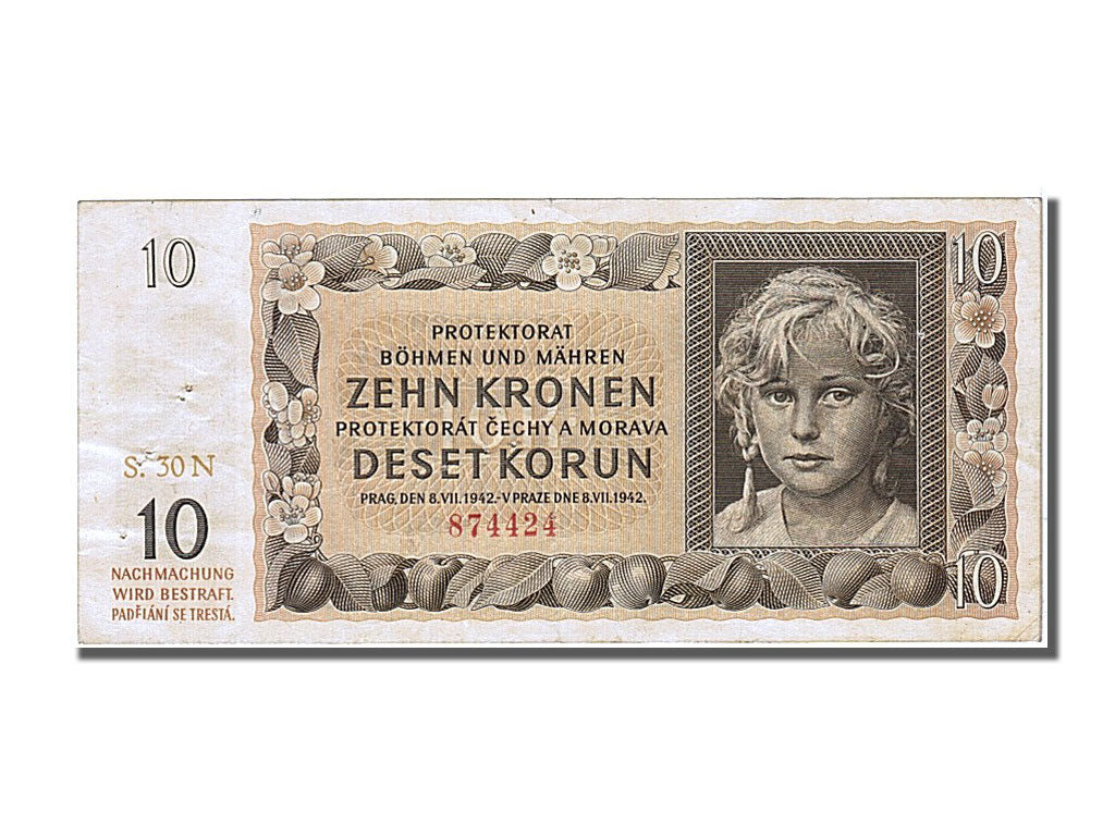 Bohemia and Moravia, 10 Korun, 1942, KM #8a, 1942-07-08, AU(50-53), S30N